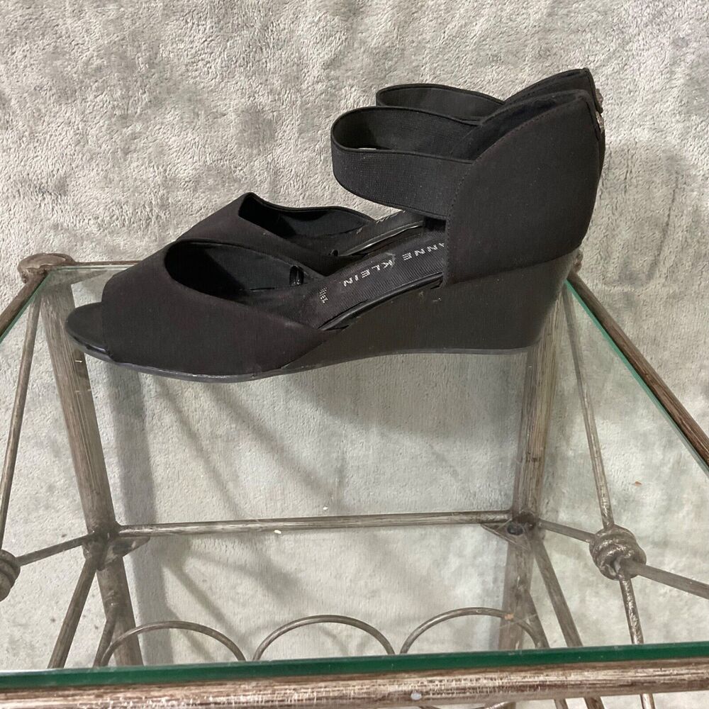 Ann Klein Open Toe Wedge Heel Shoe sandal Women's Size 9 M Black office comfort